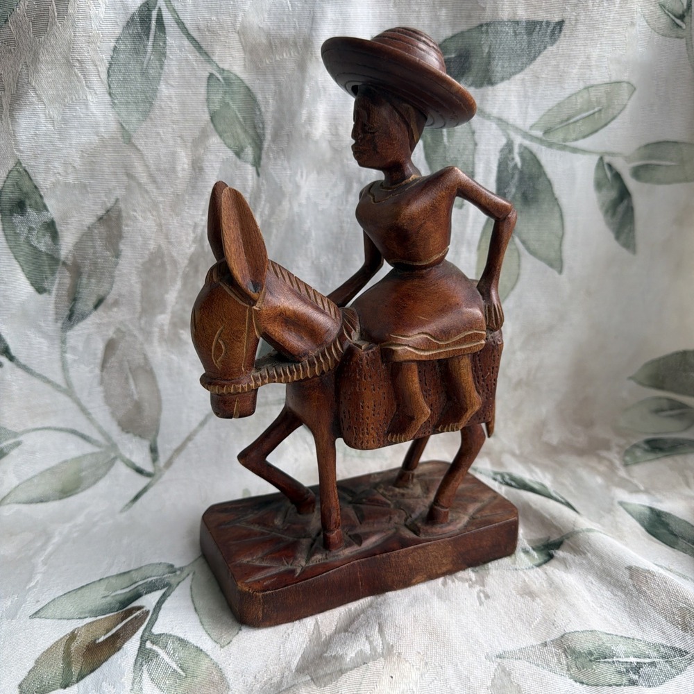 Vintage Hand Carved Wood Sculpture Woman Riding Donkey Folk Art Figurine 8.5in